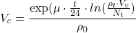 \[V_c = \frac{ \exp(\mu \cdot\frac{t}{ 24}\cdot ln(\frac{ \rho_t \cdot V_v}{ N_t})}{\rho_0}\]