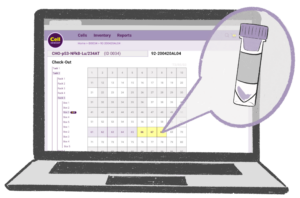 A laptop displaying cellseeker inventory and a cell vial